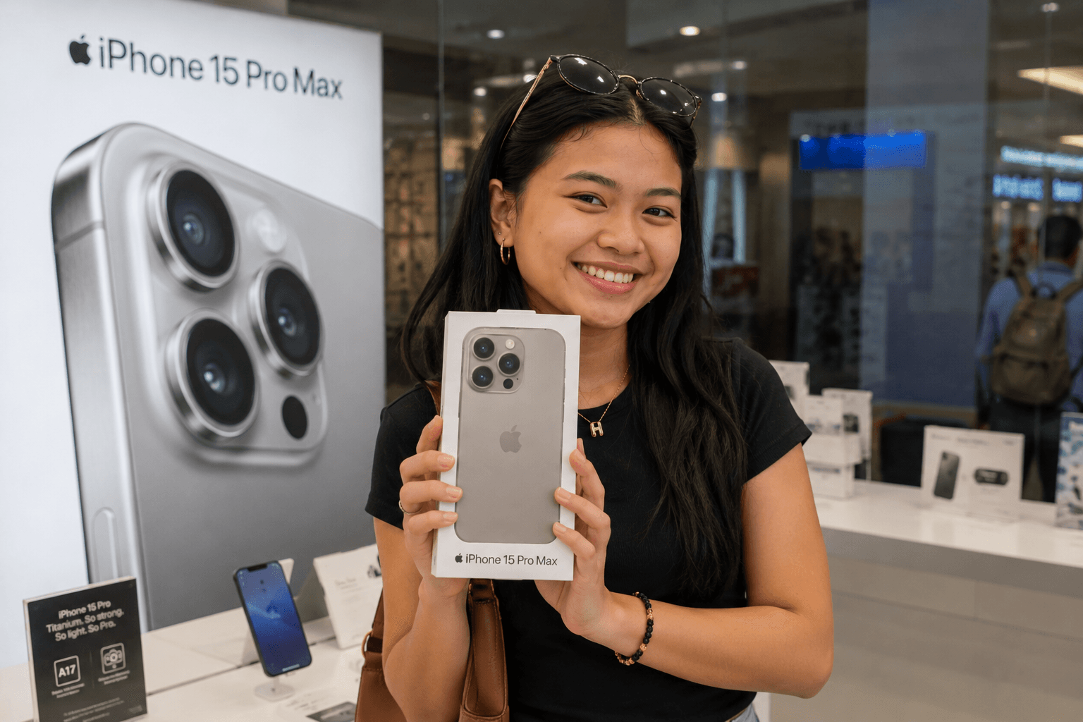 Customer holding a new iPhone at a BestWurld retail experience